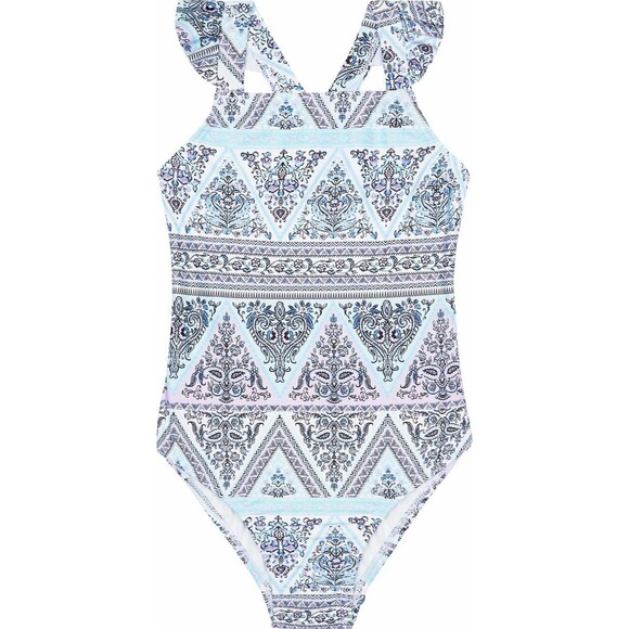 NWT Seafolly Ruffle Shoulder Tank One Piece Swimsuit Girls6 Blue Eden